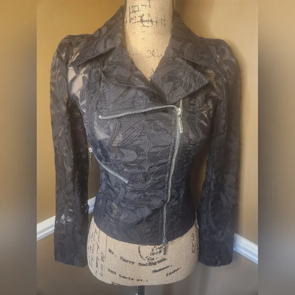 NWT Anne Fontaine Black Floral Zipper Moto Jacket Sz Small - Picture 2 of 10
